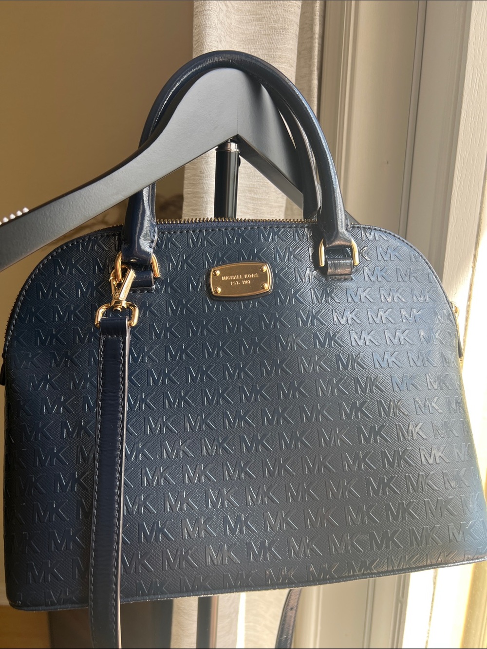 Michael Kors Navy Embossed MK Dome Crossbody with Gold Hardware